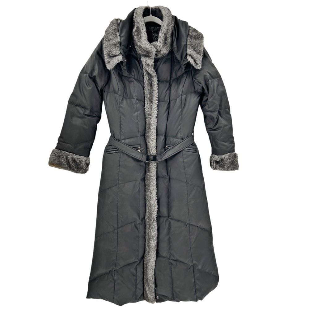 Hilary Radley Womens Black Faux Fur Trim Long Down Puffer Coat Size Small